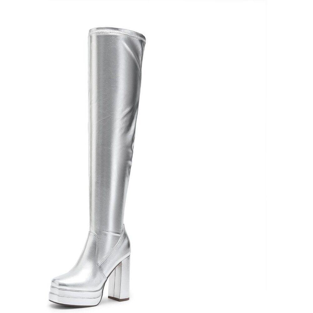 Women's Silver Polyurethane (PU) Square Toe Over The Knee Thigh High Boots